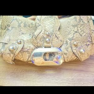 Guess Snakeskin Patterned Clutch in Tan and Silver